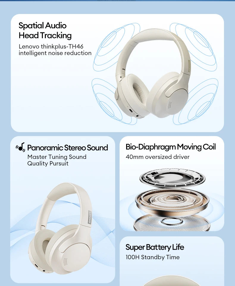 Lenovo Bluetooth, Noise Cancelling Headphones,  Over the Ear Headset, Workout Headphones, Both AUX Wired (detachable) and wireless